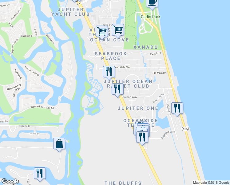 map of restaurants, bars, coffee shops, grocery stores, and more near 111 Tierra Lane in Jupiter