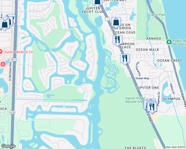 map of restaurants, bars, coffee shops, grocery stores, and more near 3200 Pilots Point Circle in Jupiter