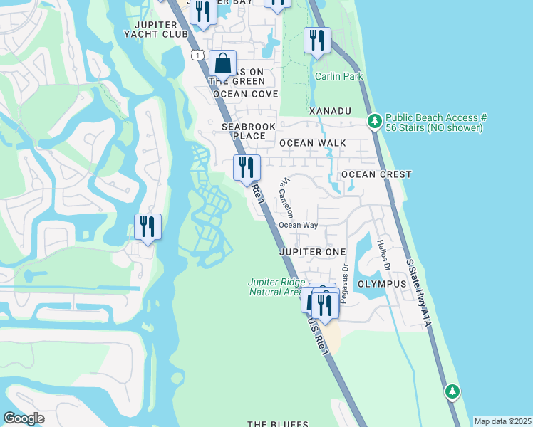 map of restaurants, bars, coffee shops, grocery stores, and more near Route 1 in Jupiter