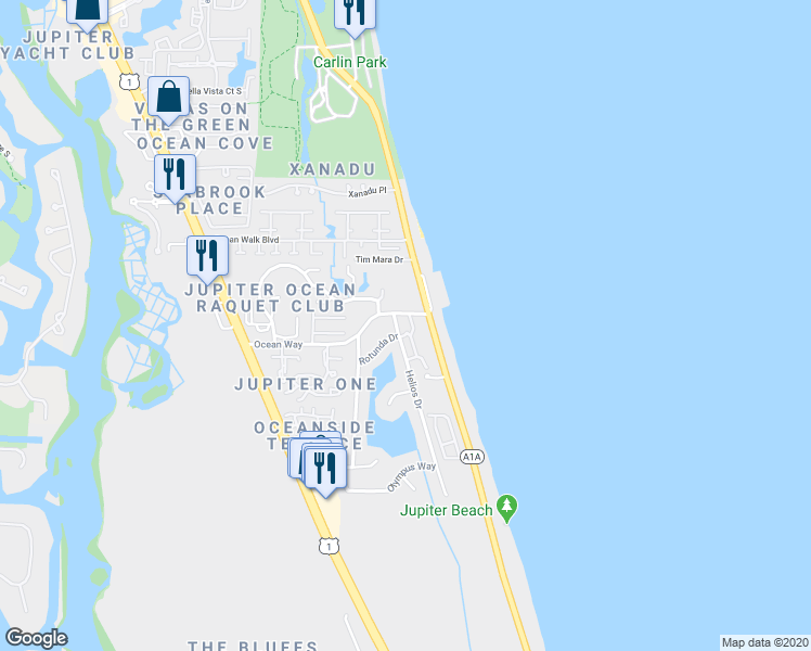 map of restaurants, bars, coffee shops, grocery stores, and more near 120 Ocean Grande Boulevard in Jupiter