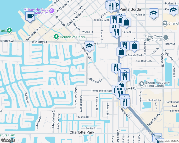 map of restaurants, bars, coffee shops, grocery stores, and more near 240 West End Drive in Punta Gorda