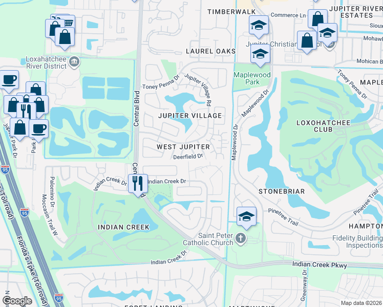 map of restaurants, bars, coffee shops, grocery stores, and more near 130 Deerfield Court in Jupiter