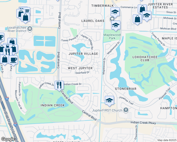 map of restaurants, bars, coffee shops, grocery stores, and more near 121 Oakwood Drive in Jupiter