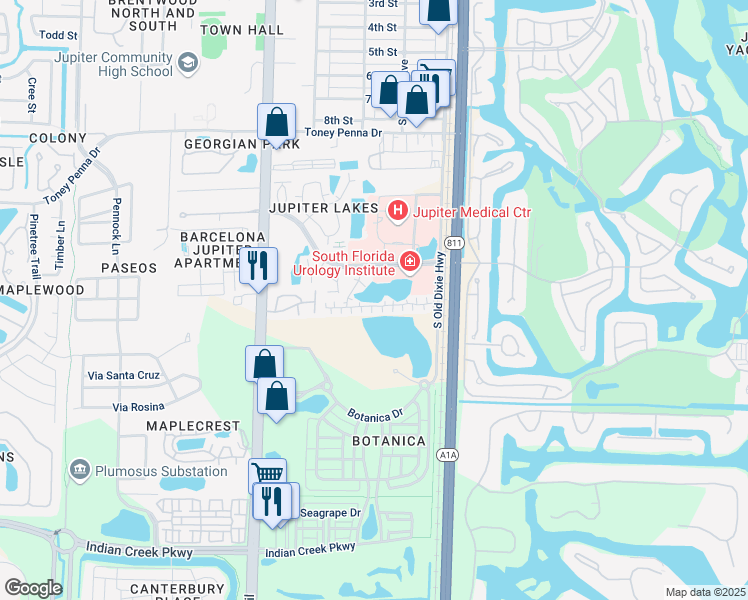 map of restaurants, bars, coffee shops, grocery stores, and more near in Jupiter