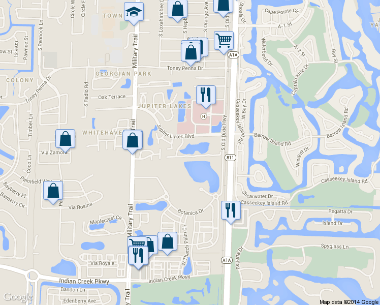 map of restaurants, bars, coffee shops, grocery stores, and more near in Jupiter