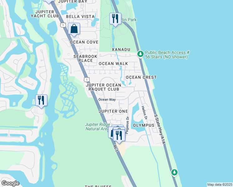 map of restaurants, bars, coffee shops, grocery stores, and more near 1470 Vía Miguel in Jupiter