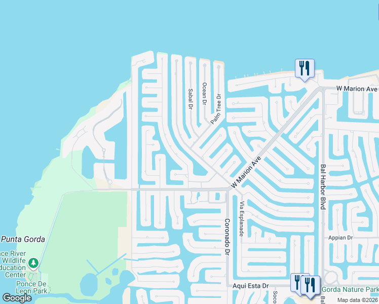 map of restaurants, bars, coffee shops, grocery stores, and more near 2481 Palm Tree Drive in Punta Gorda