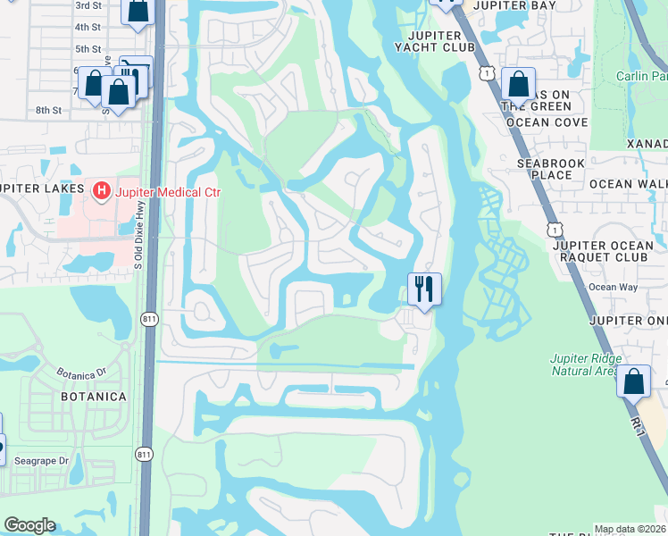 map of restaurants, bars, coffee shops, grocery stores, and more near 3333 Southern Cay Drive in Jupiter