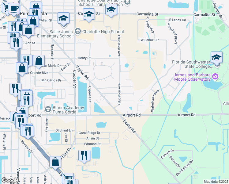 map of restaurants, bars, coffee shops, grocery stores, and more near 1418 Woodlawn Avenue in Punta Gorda