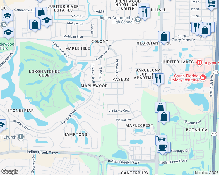 map of restaurants, bars, coffee shops, grocery stores, and more near 1550 Pennock Lane in Jupiter