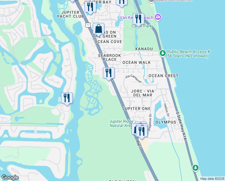 map of restaurants, bars, coffee shops, grocery stores, and more near 144 Tierra Lane in Jupiter