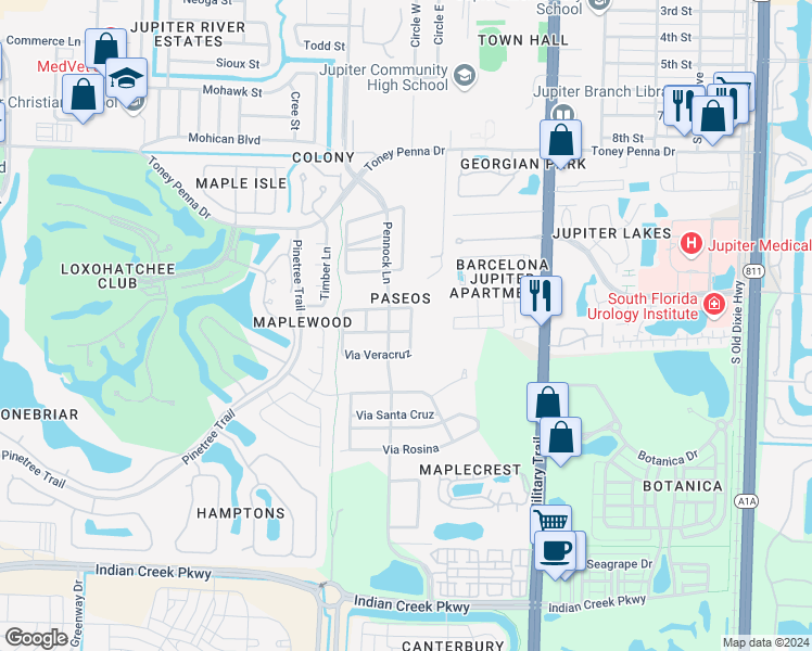 map of restaurants, bars, coffee shops, grocery stores, and more near 129 Via Zamora in Jupiter