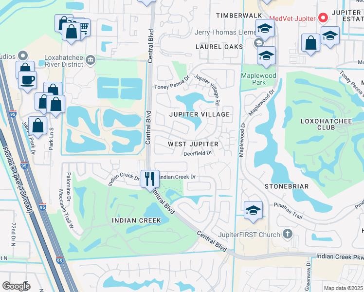 map of restaurants, bars, coffee shops, grocery stores, and more near 101 Wingate Drive in Jupiter