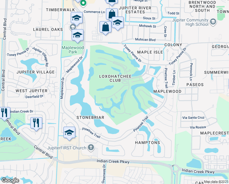 map of restaurants, bars, coffee shops, grocery stores, and more near 119 Terrapin Trail in Jupiter