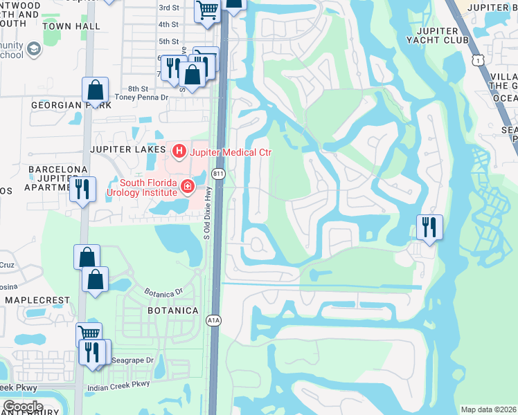 map of restaurants, bars, coffee shops, grocery stores, and more near 16550 Traders Crossing South in Jupiter