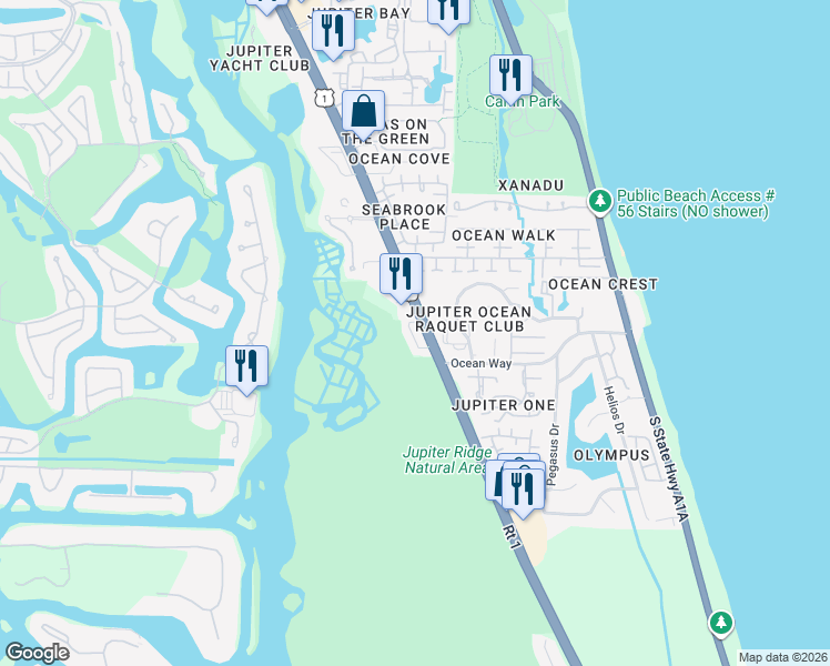 map of restaurants, bars, coffee shops, grocery stores, and more near 126 Tierra Lane in Jupiter