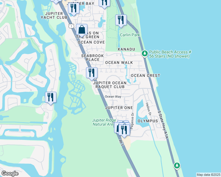 map of restaurants, bars, coffee shops, grocery stores, and more near 1605 U.S. 1 in Jupiter