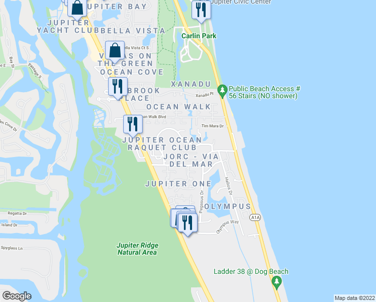 map of restaurants, bars, coffee shops, grocery stores, and more near 1475 Vía Miguel in Jupiter