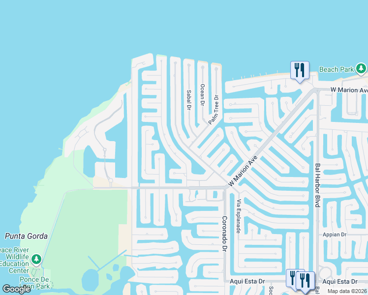 map of restaurants, bars, coffee shops, grocery stores, and more near 97 Tropicana Drive in Punta Gorda
