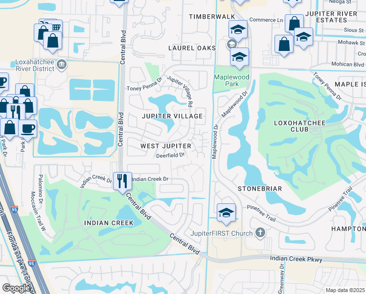 map of restaurants, bars, coffee shops, grocery stores, and more near Oakwood Drive in Jupiter