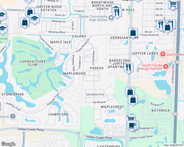 map of restaurants, bars, coffee shops, grocery stores, and more near 1550 Pennock Lane in Jupiter