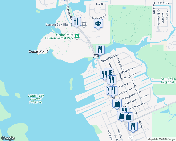 map of restaurants, bars, coffee shops, grocery stores, and more near 7170 Brittany Cir in Englewood