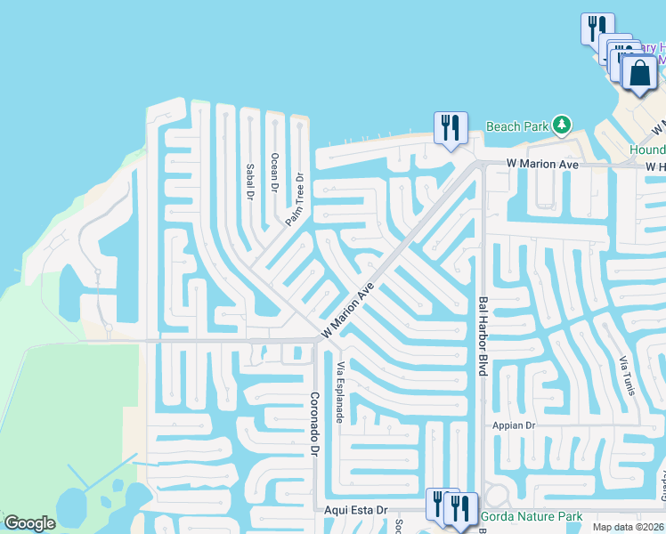 map of restaurants, bars, coffee shops, grocery stores, and more near 141 Crescent Drive in Punta Gorda