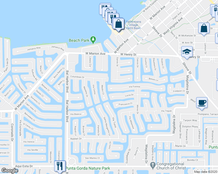 map of restaurants, bars, coffee shops, grocery stores, and more near 1142 Vía Formia in Punta Gorda