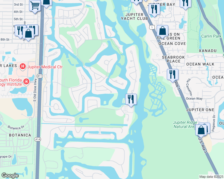 map of restaurants, bars, coffee shops, grocery stores, and more near 3386 Southern Cay Dr in Jupiter