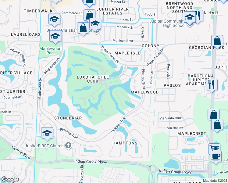 map of restaurants, bars, coffee shops, grocery stores, and more near 124 Sota Drive in Jupiter