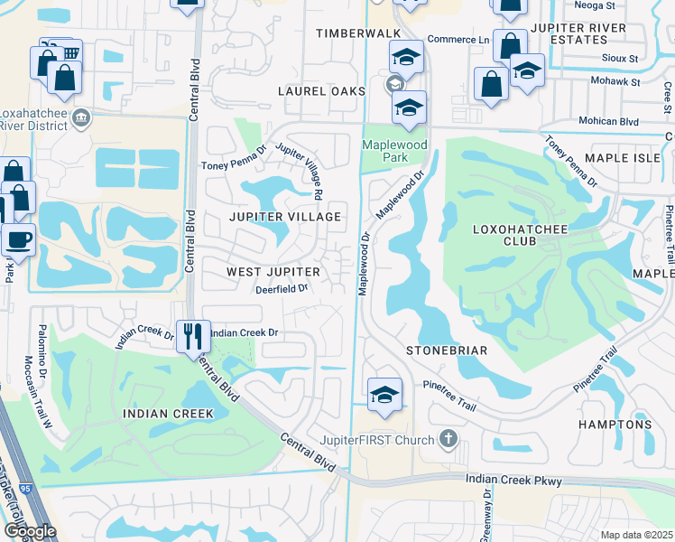 map of restaurants, bars, coffee shops, grocery stores, and more near 130 Sherwood Circle in Jupiter