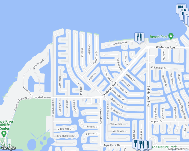 map of restaurants, bars, coffee shops, grocery stores, and more near 2453 Flora Lane in Punta Gorda