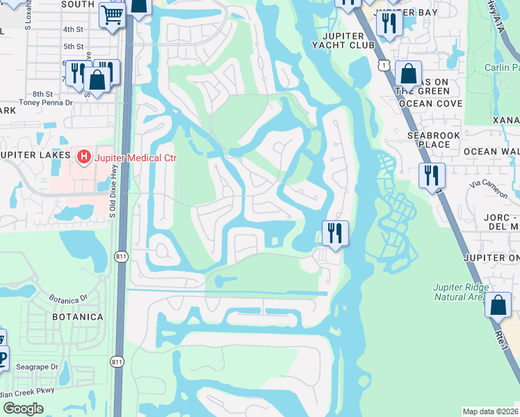 map of restaurants, bars, coffee shops, grocery stores, and more near 3333 Southern Cay Drive in Jupiter