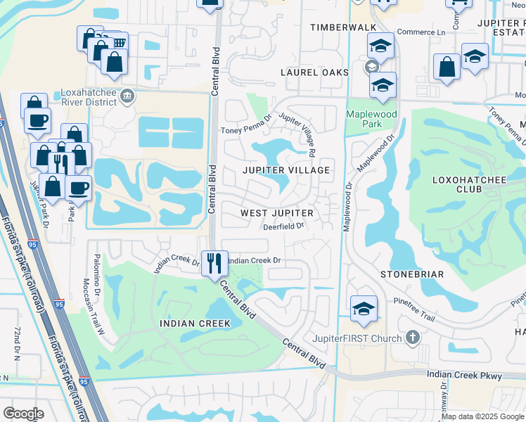 map of restaurants, bars, coffee shops, grocery stores, and more near 101 Wingate Drive in Jupiter