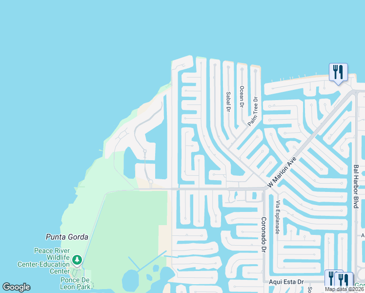 map of restaurants, bars, coffee shops, grocery stores, and more near 2845 Coral Way in Punta Gorda