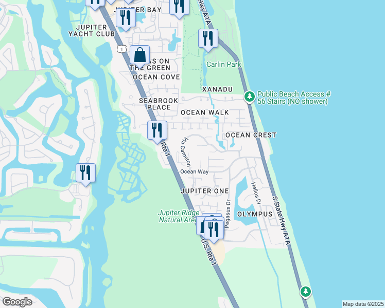 map of restaurants, bars, coffee shops, grocery stores, and more near 1605 U.S. 1 in Jupiter