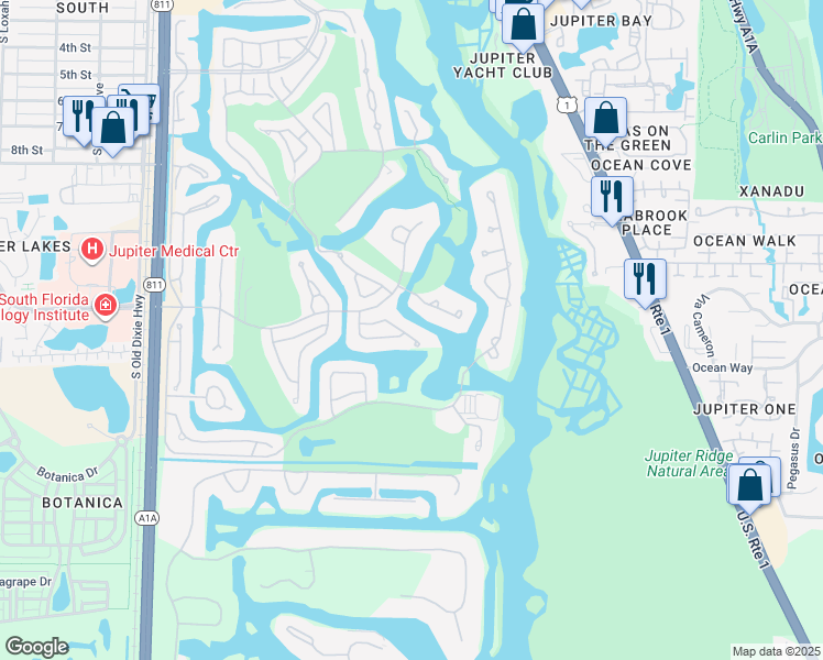 map of restaurants, bars, coffee shops, grocery stores, and more near 3386 Southern Cay Drive in Jupiter