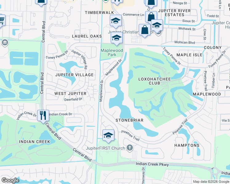 map of restaurants, bars, coffee shops, grocery stores, and more near 266 Locha Drive in Jupiter