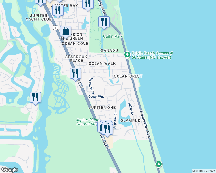 map of restaurants, bars, coffee shops, grocery stores, and more near 1476 Vía De La Palma in Jupiter