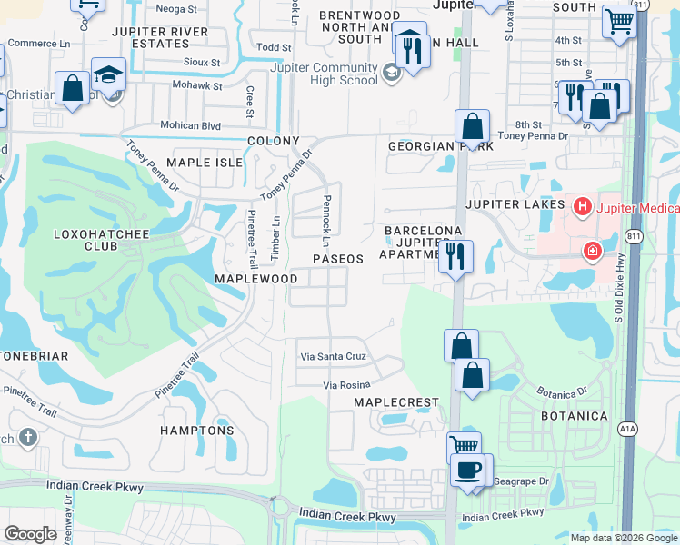 map of restaurants, bars, coffee shops, grocery stores, and more near 163 Via Veracruz in Jupiter