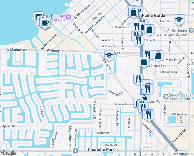 map of restaurants, bars, coffee shops, grocery stores, and more near 415 Gun Cay Lane in Punta Gorda