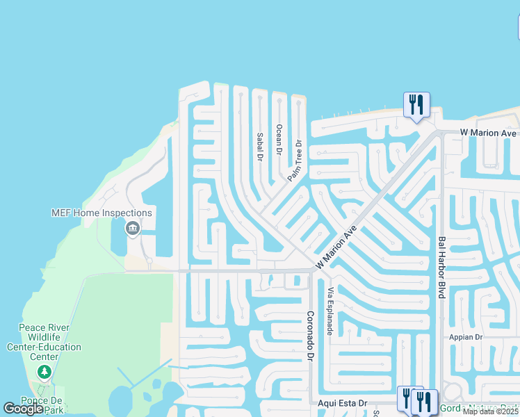 map of restaurants, bars, coffee shops, grocery stores, and more near 2490 Palm Tree Drive in Punta Gorda