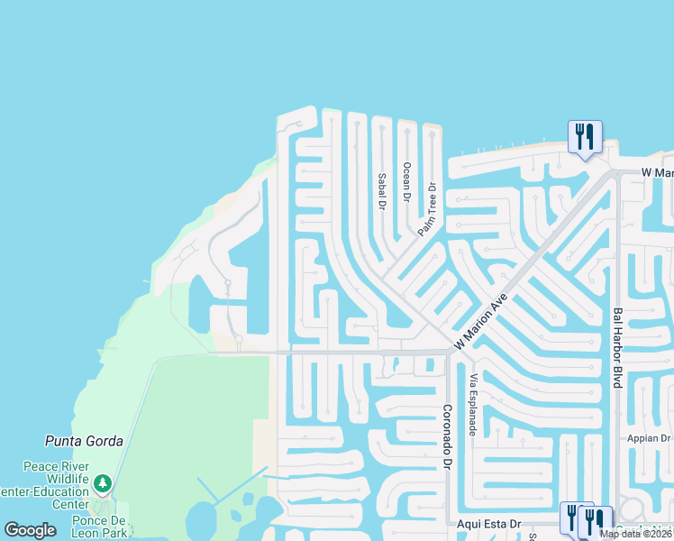 map of restaurants, bars, coffee shops, grocery stores, and more near 115 Hibiscus Drive in Punta Gorda