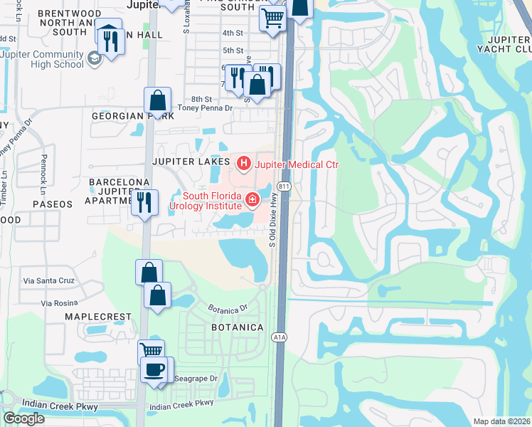 map of restaurants, bars, coffee shops, grocery stores, and more near 136 Jupiter Lakes Boulevard in Jupiter