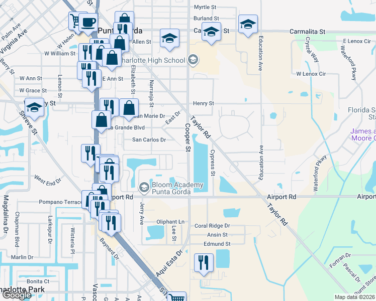 map of restaurants, bars, coffee shops, grocery stores, and more near 438 Palmera Drive in Punta Gorda