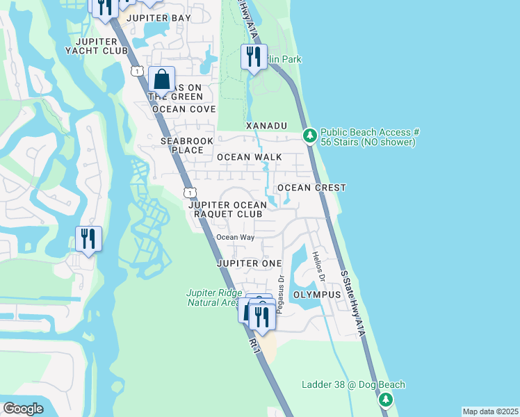 map of restaurants, bars, coffee shops, grocery stores, and more near 1477 Vía De La Palma in Jupiter