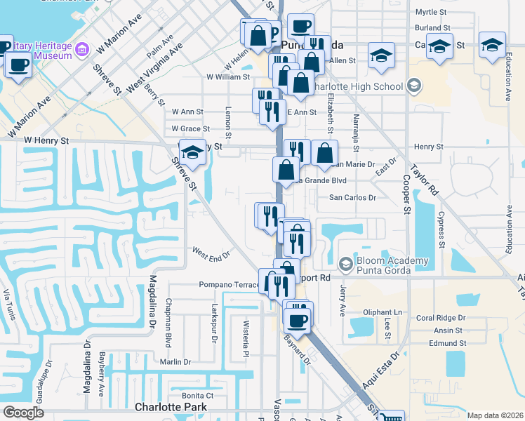 map of restaurants, bars, coffee shops, grocery stores, and more near Lionel Lane in Punta Gorda