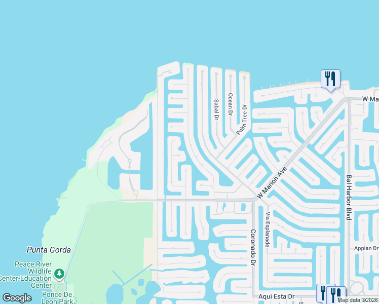 map of restaurants, bars, coffee shops, grocery stores, and more near 115 Hibiscus Drive in Punta Gorda