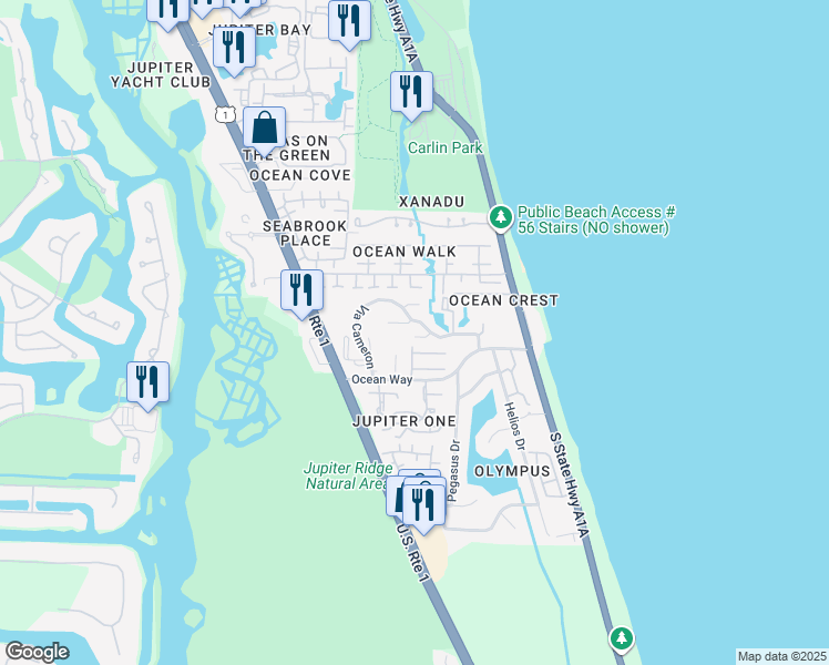 map of restaurants, bars, coffee shops, grocery stores, and more near 1471 Vía De La Palma in Jupiter