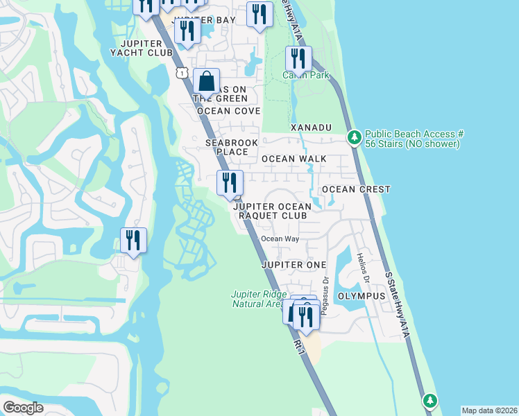 map of restaurants, bars, coffee shops, grocery stores, and more near 1605 U.S. 1 in Jupiter